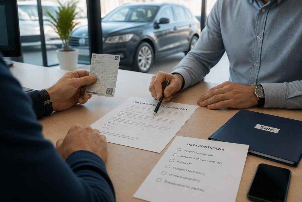 Klient i doradca podpisują dokumenty przy zakupie samochodu w salonie unerquicklich